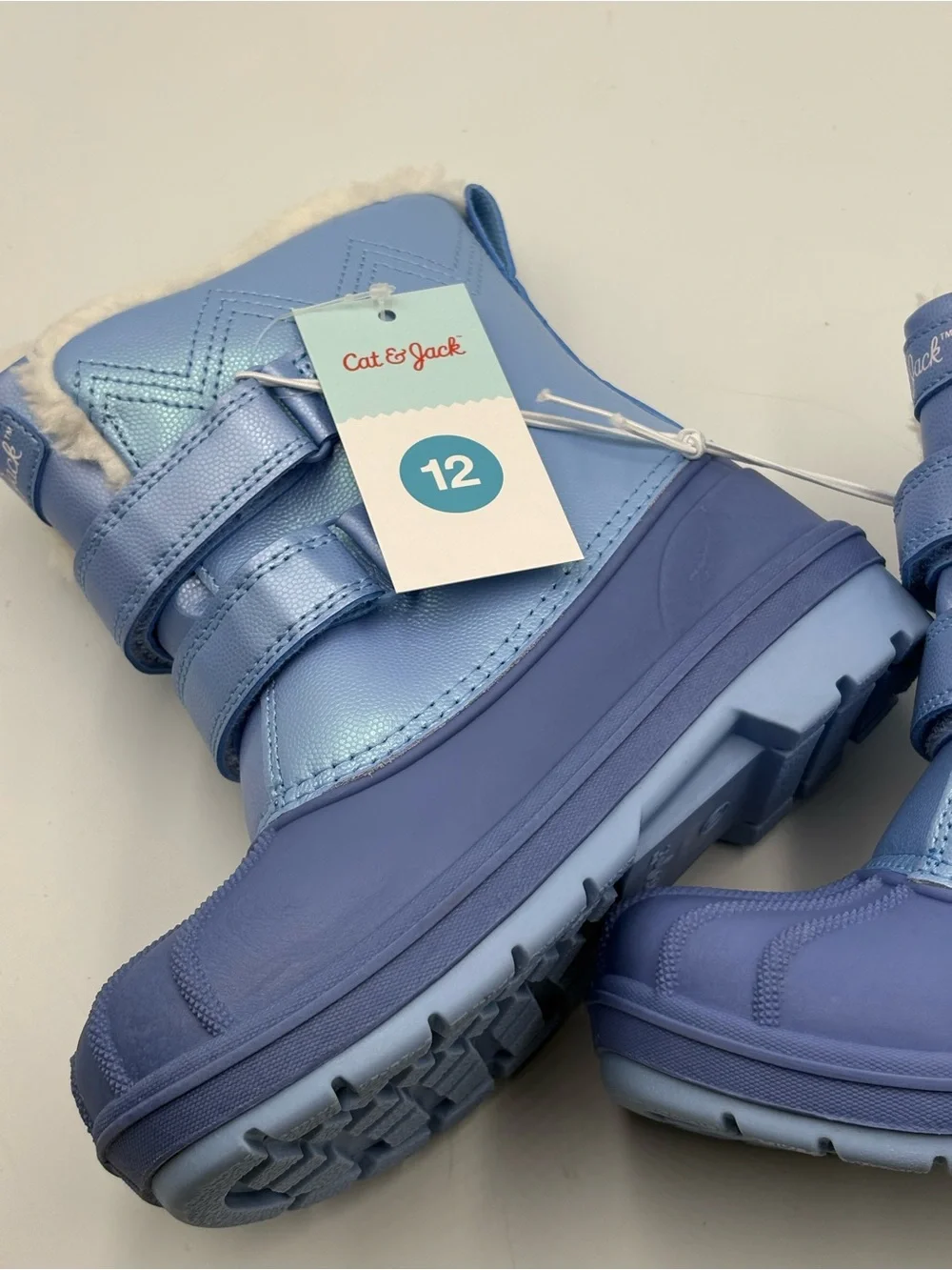Cat & Jack Kids Winter Snow Boots Size 12 Iridescent Blue Faux Fur Lined Hook
